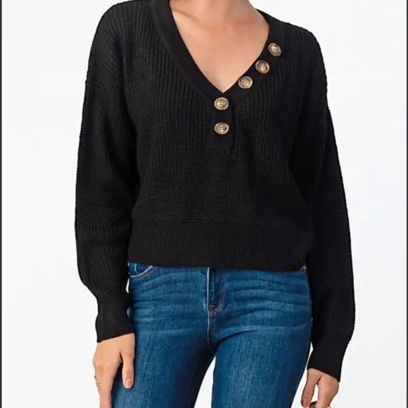 🆕 Black Ribbed V Neck Knit Sweater With Buttons - Picture 4 of 5